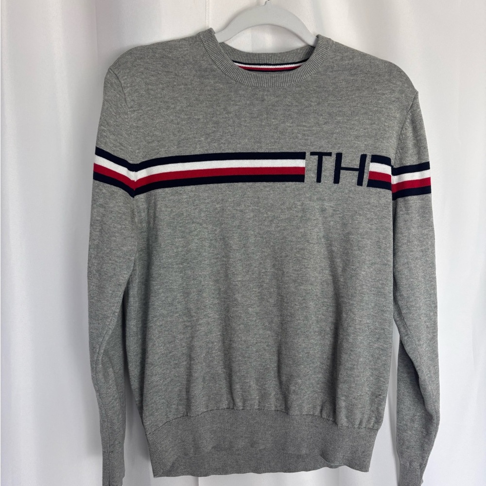 100% CottonTommy Hilfiger Gray Crewneck Sweater Red Blue Stripe Small Preppy